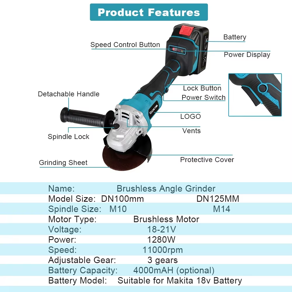 125/100mm  Angle Grinder Brush - đánh giá và giá Brushless Angle Grinder Battery Powered